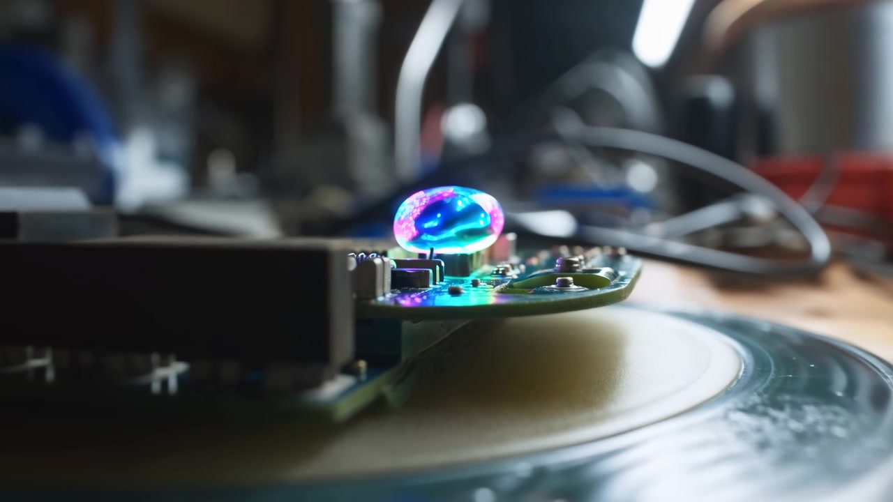 Glassy epoxy dome or LED lens rests on circular circuit board over round metal base, surrounded by wires, tools, and textured workbench surfaces inside dim workshop light, with circuit, pcb, epoxy