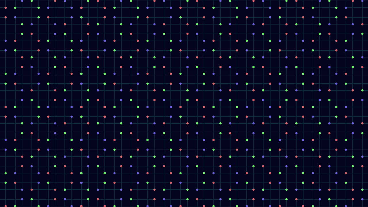Colorful dots on a black background form a symmetrical grid pattern in the image. Each dot is a different color, evenly spaced, and creates a visually pleasing and orderly design
