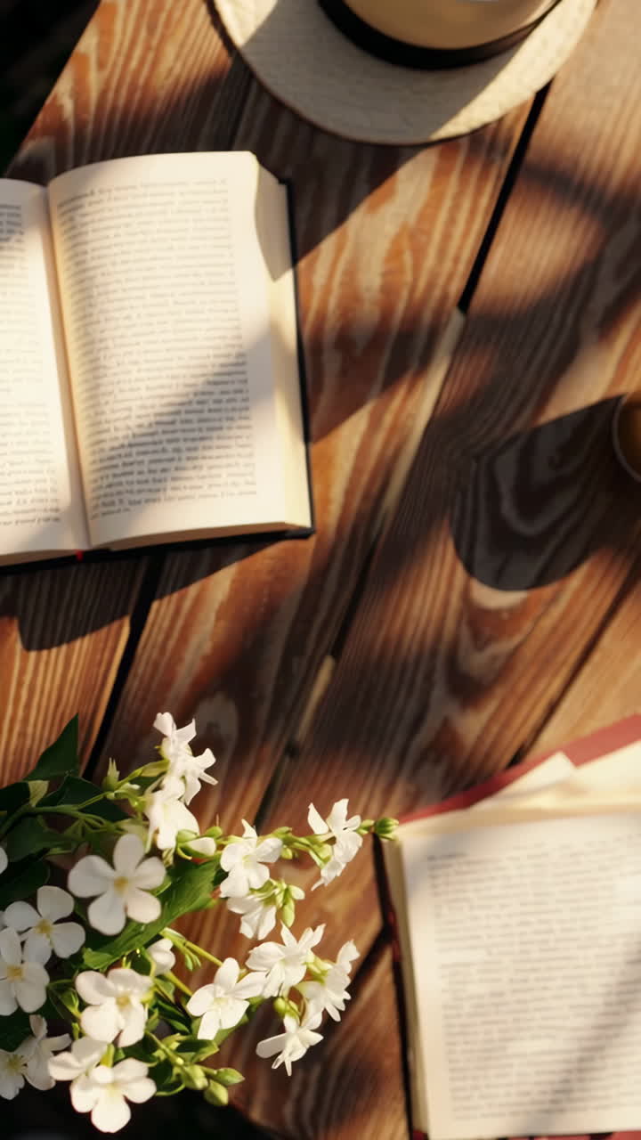 Relaxing Outdoor Reading Scene with Coffee and Flowers