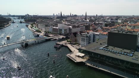 Aerial-View-of-Copenhagne,-Denmark-Boats,-Canals-at-Nyhavn-Harbor