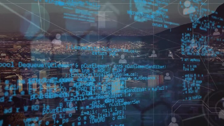 Animation of network of connections and data processing over cityscape