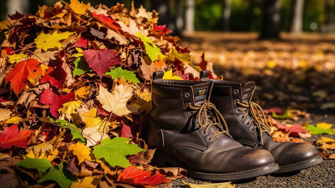 A Pair of Sturdy Brown Boots Resting Beside a Vibrant Pile of Colorful Autumn Leaves Under Soft, Natural Lighting in a Tranquil Outdoor Setting