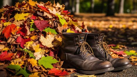 A Pair of Sturdy Brown Boots Resting Beside a Vibrant Pile of Colorful Autumn Leaves Under Soft, Natural Lighting in a Tranquil Outdoor Setting