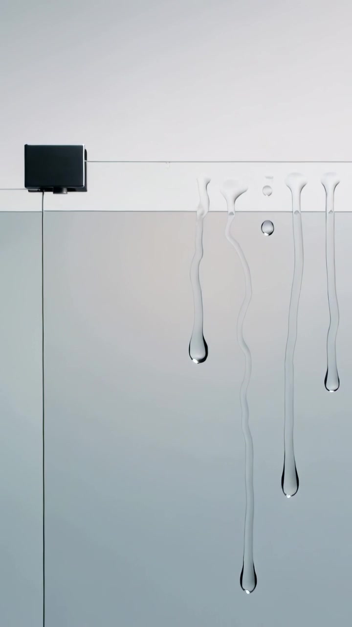 Vertical video: Showing glass rim stretching droplets under gravity in studio, dark clamp and cord
