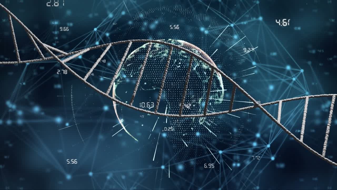 Animazione di una struttura del DNA che ruota su una rete di connessioni e scie luminose su un globo rotante
