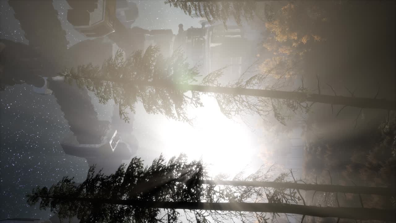 ufo flotando sobre un bosque por la noche con un haz de luz