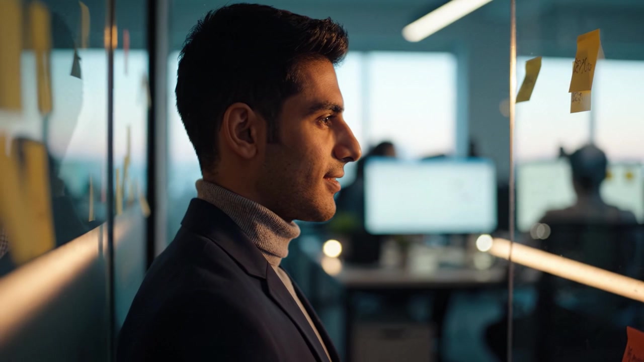 Contemplative Professional in Modern Workspace Reflects on Ideas Amid Sticky Notes, Symbolizing Creativity and Collaboration in a Dynamic Corporate Environment