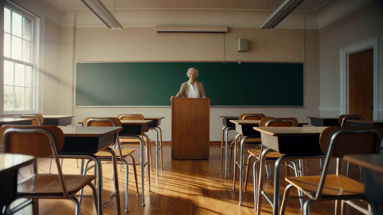 Centered figure remains at lectern while camera slowly pulls back across vacant classroom, with warm daylight entering side windows and casting long shadows over desks and wood flooring.