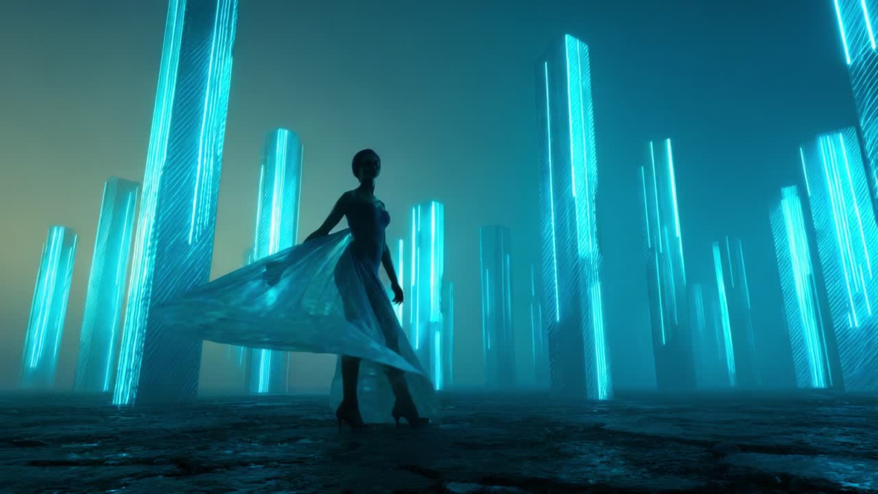 Futuristic Cityscape with Elegant Woman