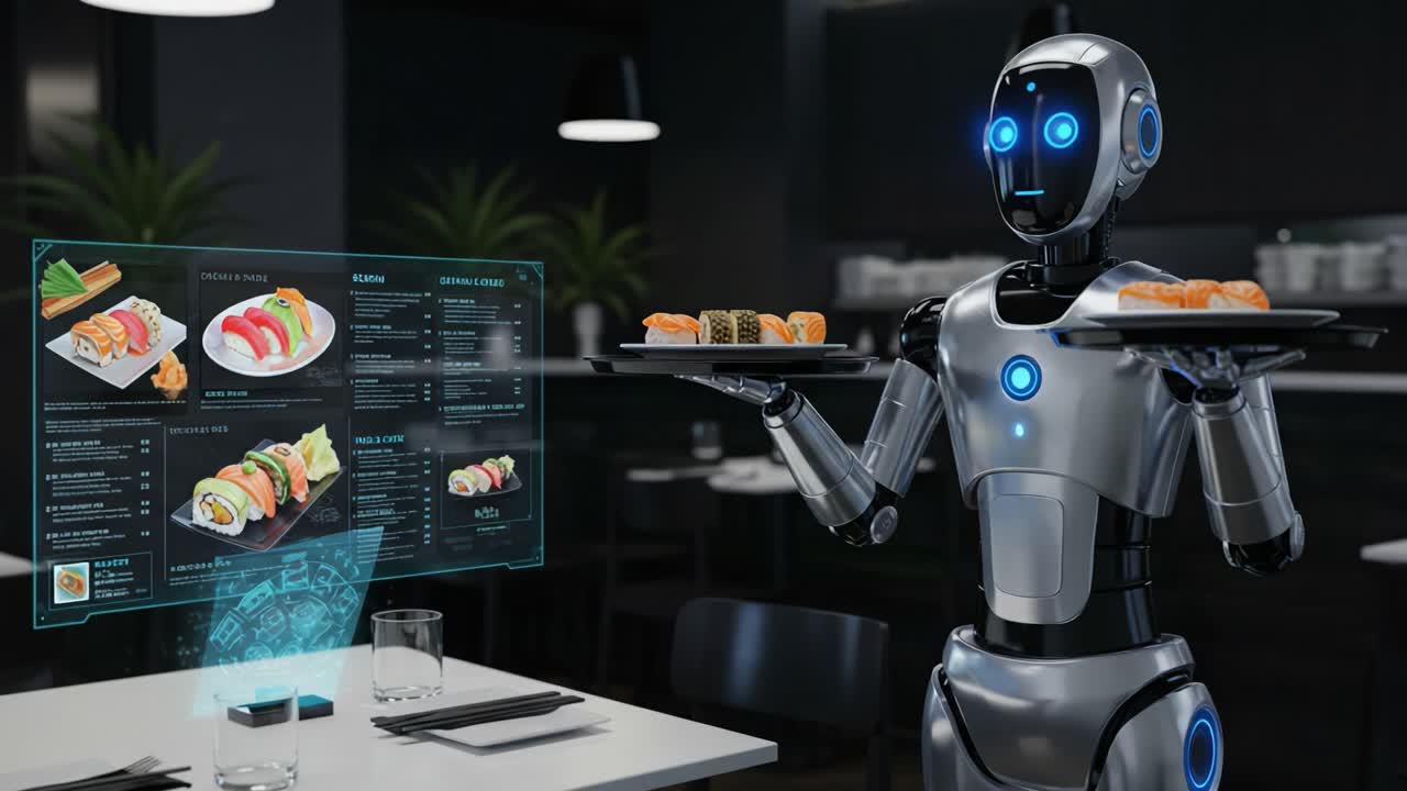 A Futuristic Robot Waiter Presents Exquisite Sushi Dishes in a High-Tech Restaurant Setting, Showcasing Innovation in Food Service and Dining Experiences