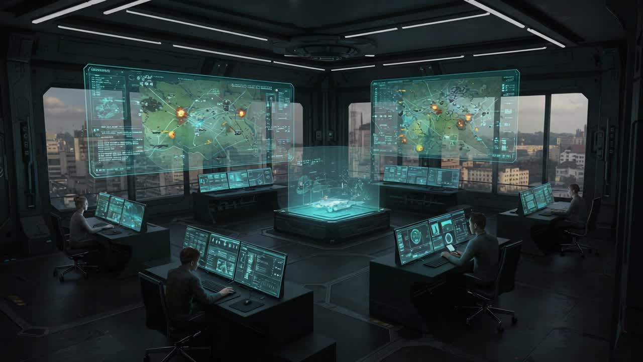 Advanced Command Center Featuring High-Tech Displays for Strategic Operations and Real-Time Data Analysis in a Modern Urban Environment