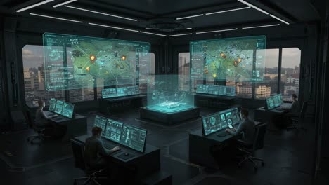 advanced command center featuring high-tech displays for strategic operations and real-time data analysis in a modern urban environment