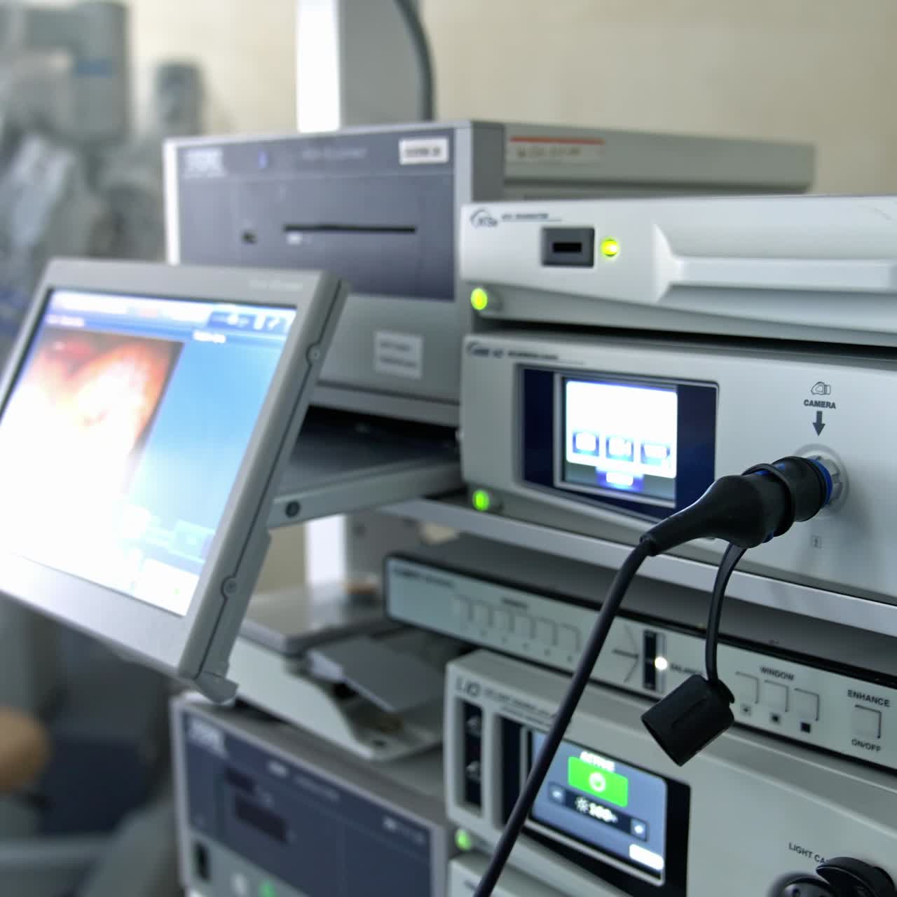 Modern technologies in hospital operating room. Surgical equipment at medical operating room during surgery