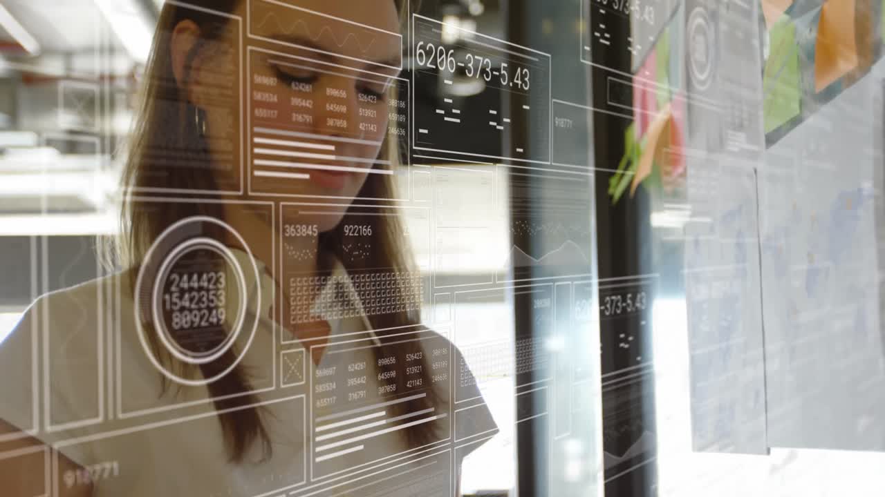 Animation of graphs, loading circles, changing numbers, caucasian woman writing on sticky notes