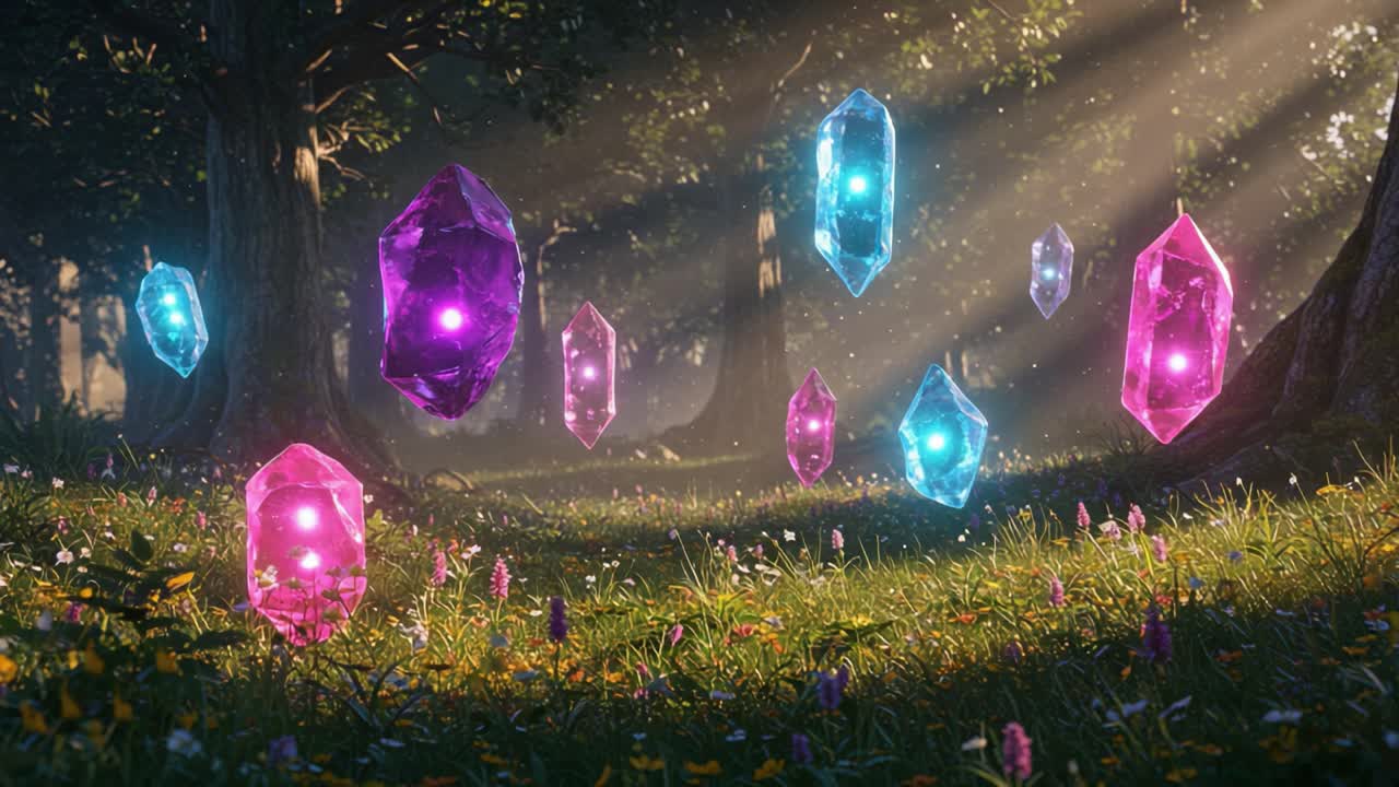 A Magical Glade of Floating Crystals Illuminating the Enchanted Forest with Radiant Colors and Ethereal Glows, Capturing the Essence of Nature’s Mystique