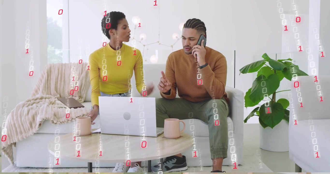 Man lifting smartphone initiating call while woman reviewing paper typing laptop amid binary code