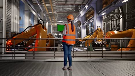 factory worker observing robotic arms