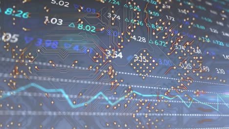 animation of integrated circuit over financial data on blue background