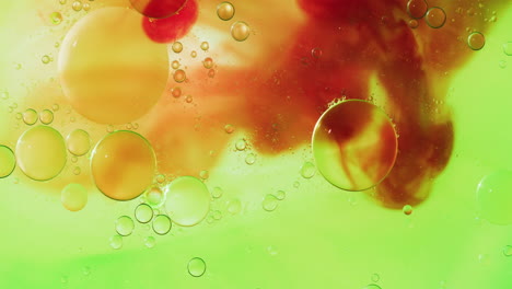 animación de burbujas que se mueven en líquido verde y rojo con espacio de copia.