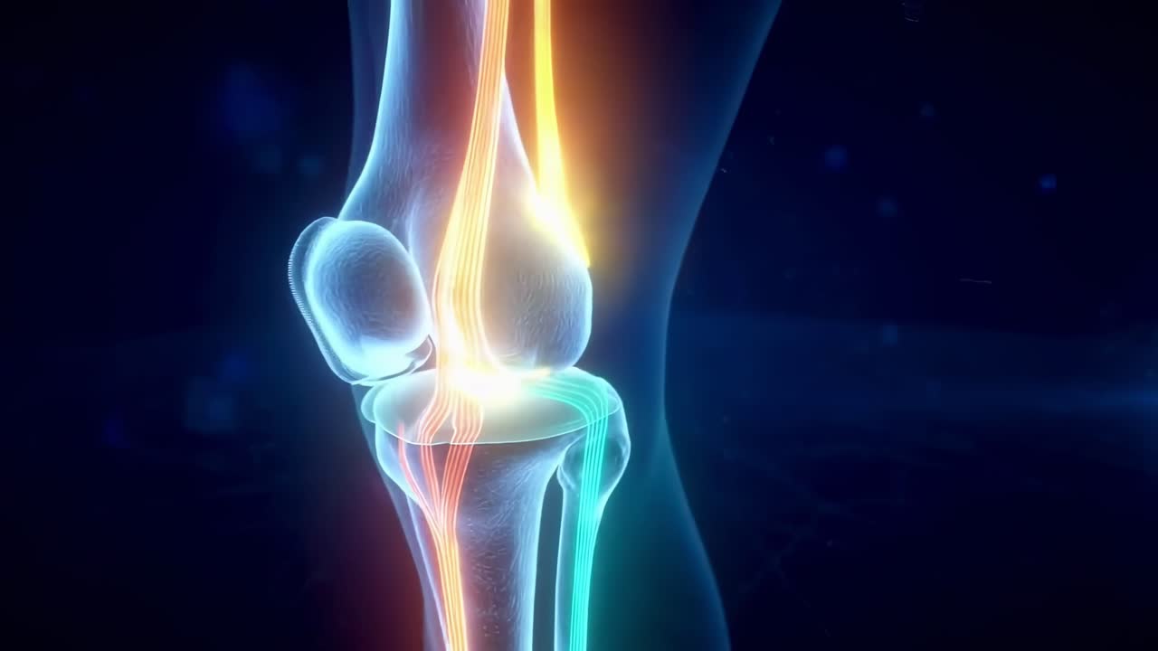 3D video of a knee joint, side view, highlighting bones and ligaments in neon colors