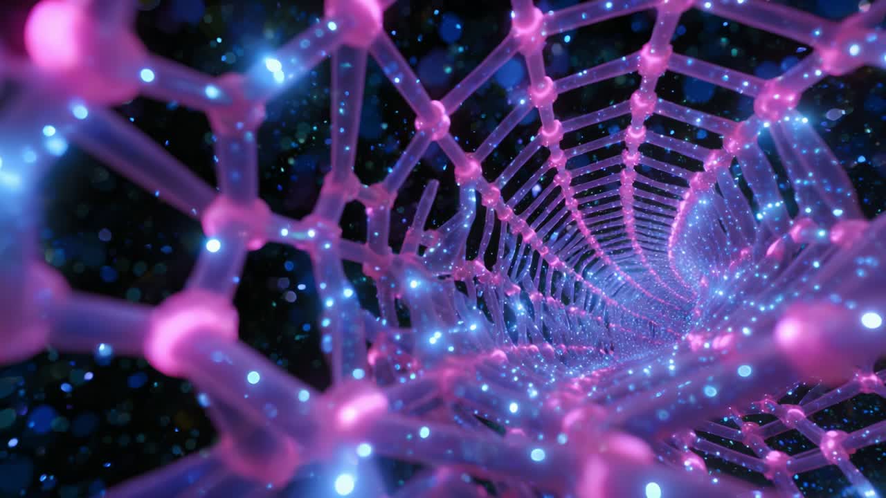 A Captivating Journey Through a Vibrant Molecular Structure, Showcasing the Intricate Patterns and Stunning Visuals of a Complex Tangle of Colorful Bonds Connecting Tiny Particles in an Abstract Universe