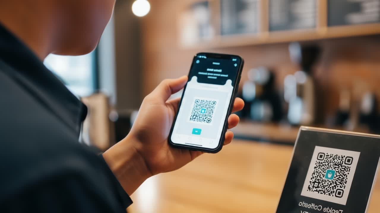 A person scanning a QR code on their smartphone in a modern café setting, showcasing the convenience of digital payments and interactions in everyday life