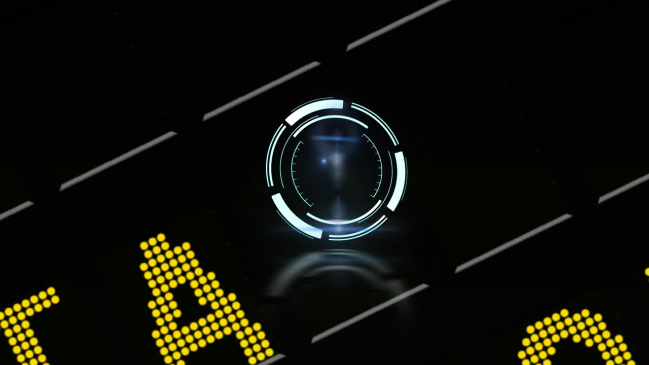 animación digital del escáner redondo de neón contra el tablero de información del aeropuerto