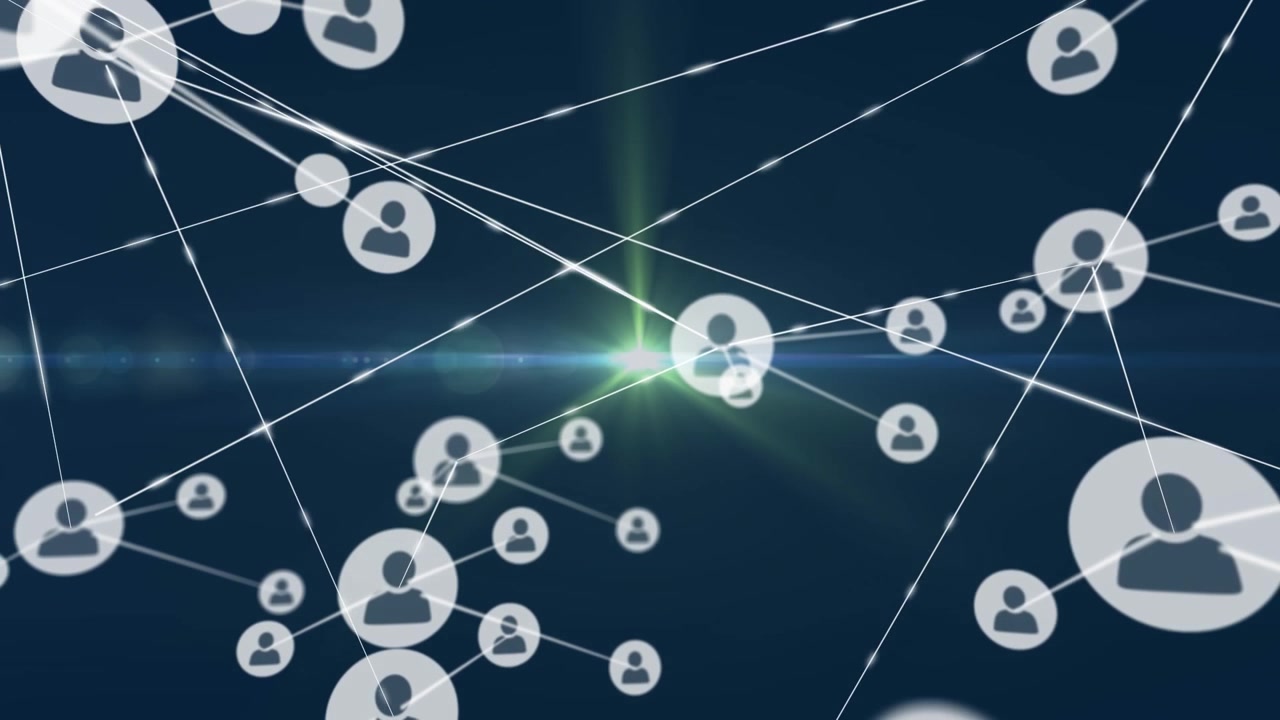 Animation of network of profile icons over green light spot against blue background