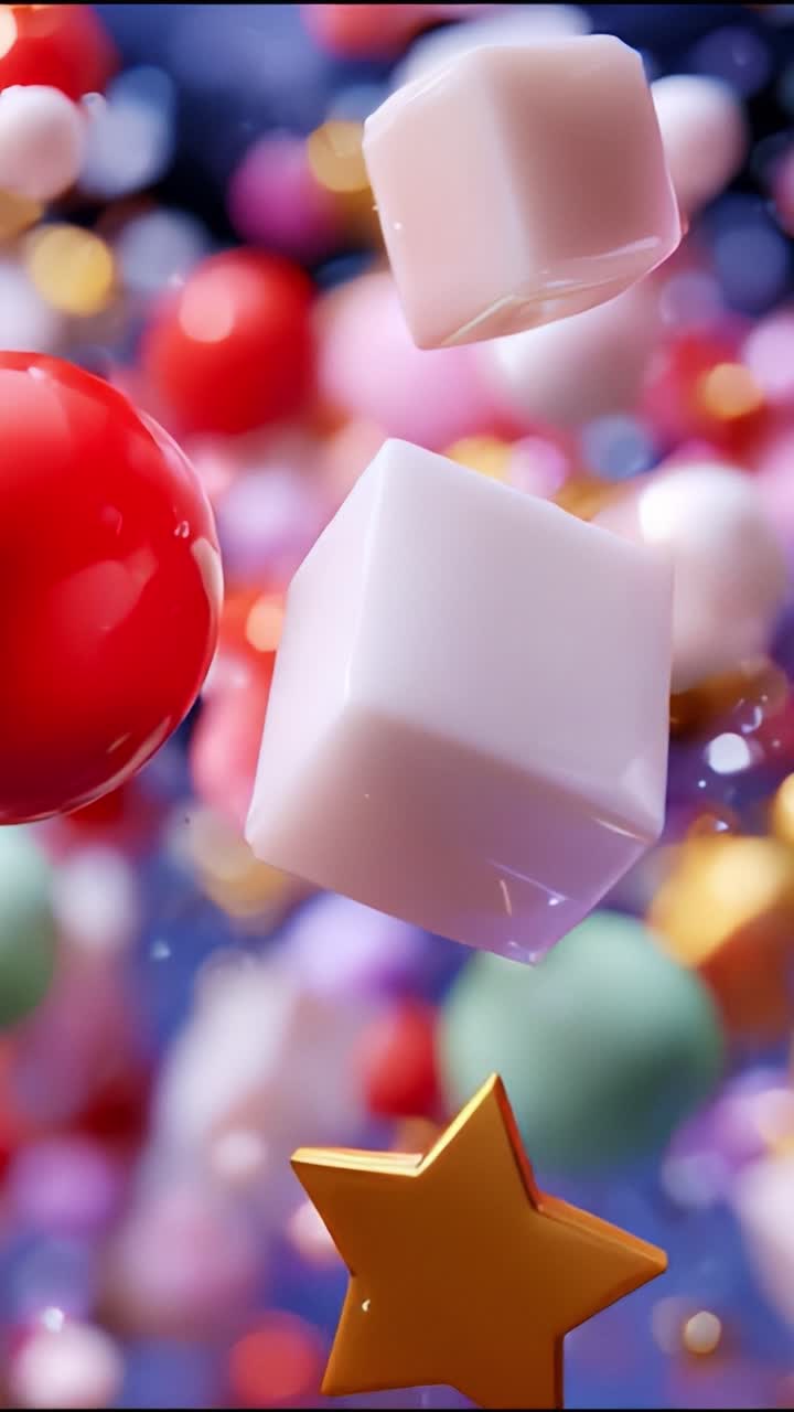 A Vibrant Composition of Colorful Geometric Shapes and Shiny Objects Celebrating Playfulness and Joy, Featuring Floating Cubes, a Star, and Colorful Spheres in a Dynamic Blurry Background