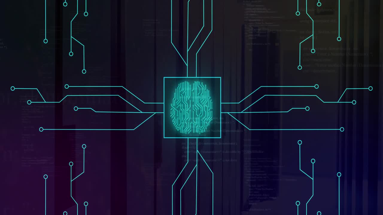 Animation of neon network of connections with digital brain over server room