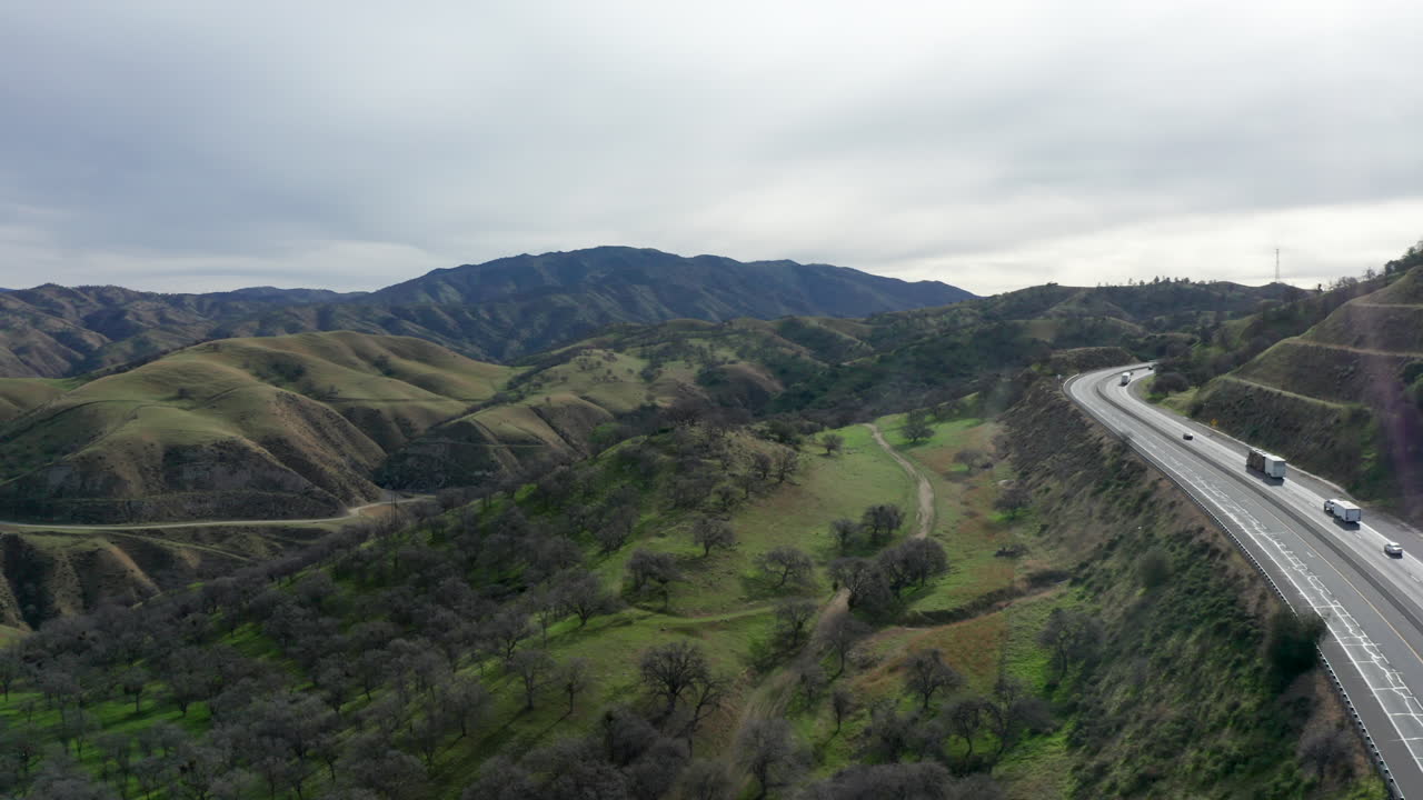 Aerial view of a California Highway in the mountains of Tehachapi