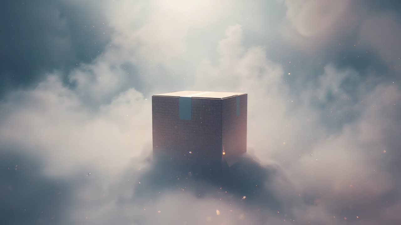 Sunlight brightening, cardboard cube emerging from fog on low cloud bank, with blue tape