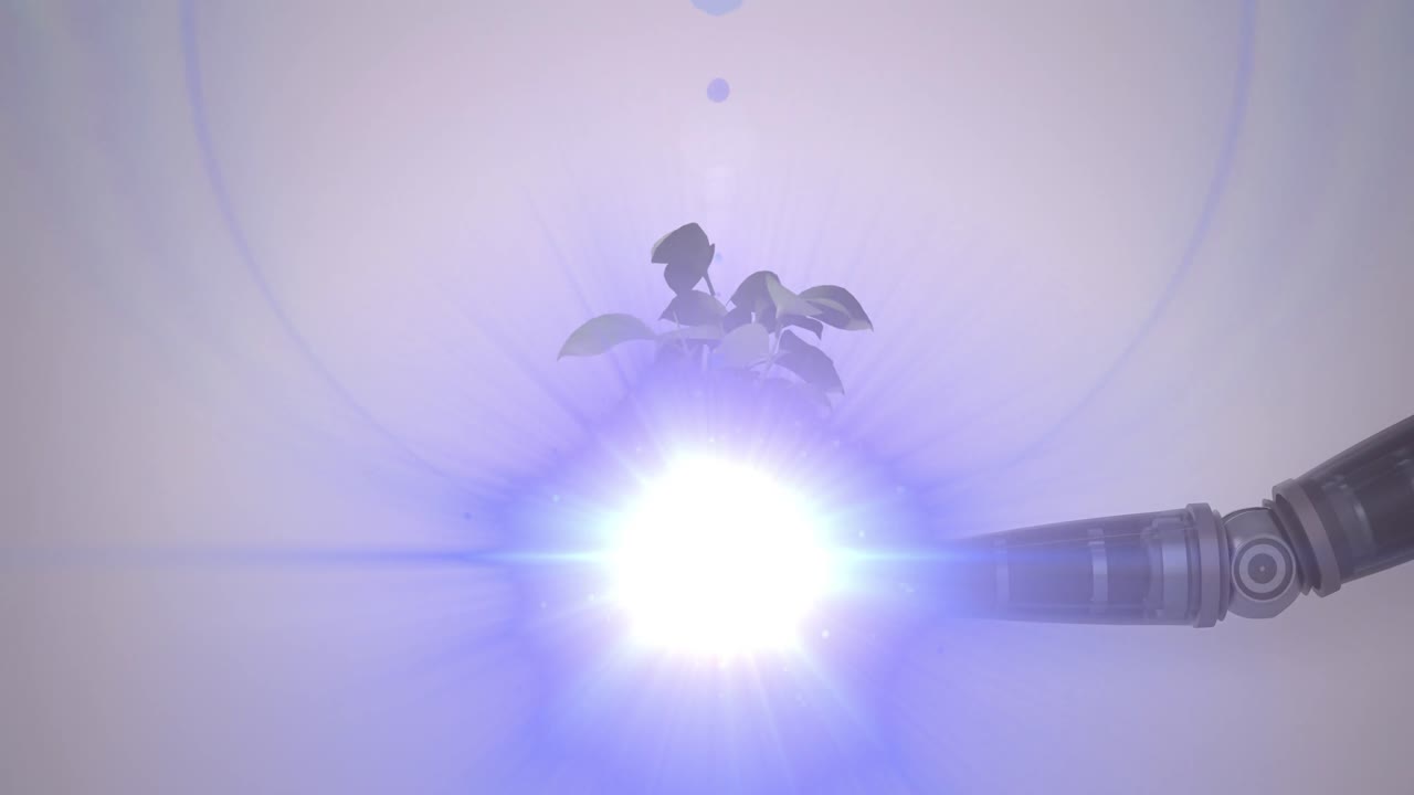 animación de una planta en crecimiento en la mano de un brazo robótico extendido con luz en movimiento sobre un fondo gris