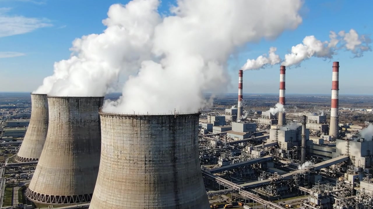 Vedute aeree di una centrale elettrica industriale con torri di raffreddamento ed emissioni, che mostrano la moderna produzione di energia e il suo impatto ambientale.