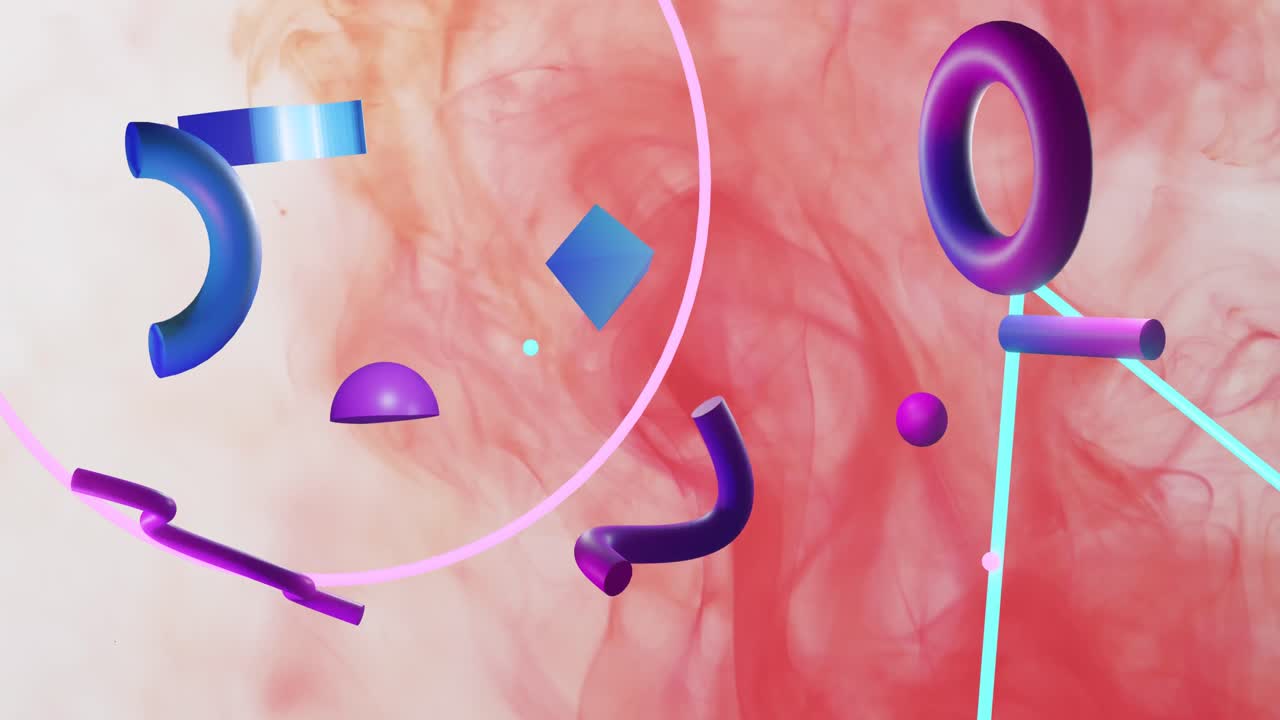 animación de formas en movimiento y nubes rosas sobre fondo blanco