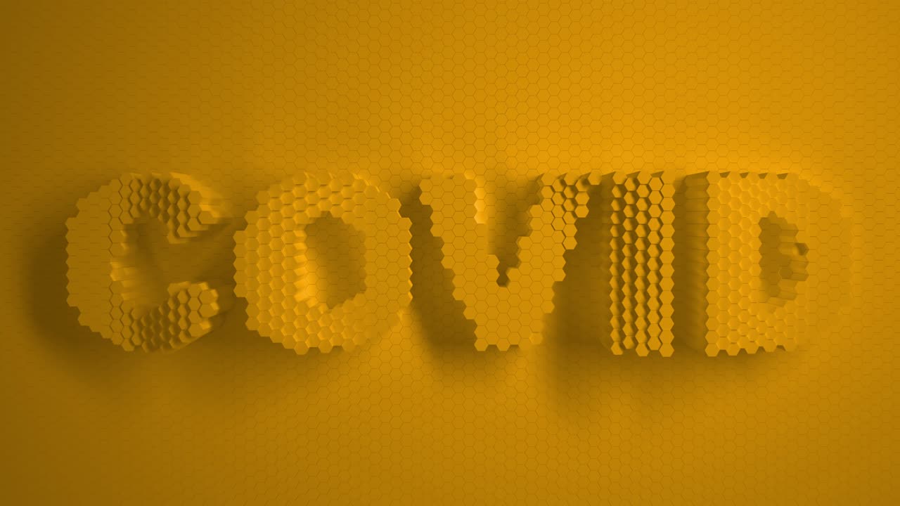 Covid 3d texts about the pandemic modern background. Yellow mosaic surface with moving hexagons.. Logo, text. Cells. Wave. the 4k loop. animation for a business presentation.