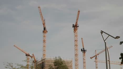 many yellow tower cranes against blue sky on construction site