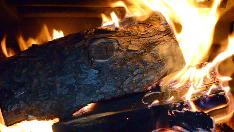 un primer plano de un tronco en llamas en una chimenea de estufa de leña