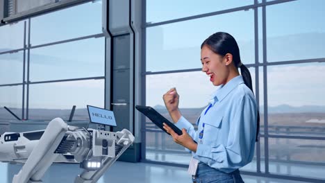 side view of an asian female professional worker standing with her tablet in high tech factory, robot dog, she raises her fist up with screaming goal after check on the tablet