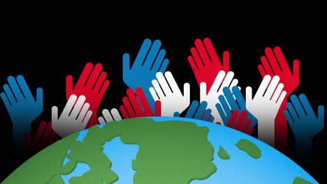 Animation-of-white,-red-and-blue-hands-over-globe-on-black-background