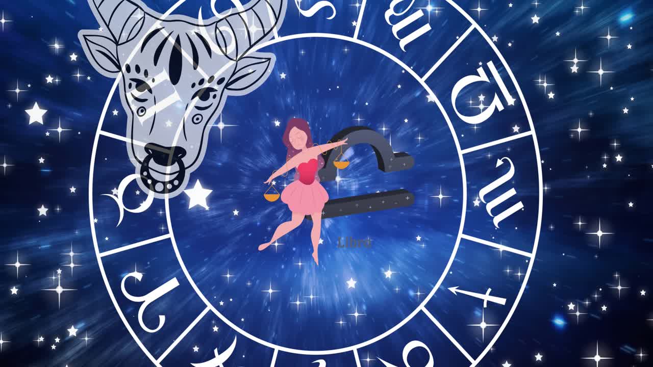 Animatie van horoscoopsymbolen boven sterren op blauwe achtergrond