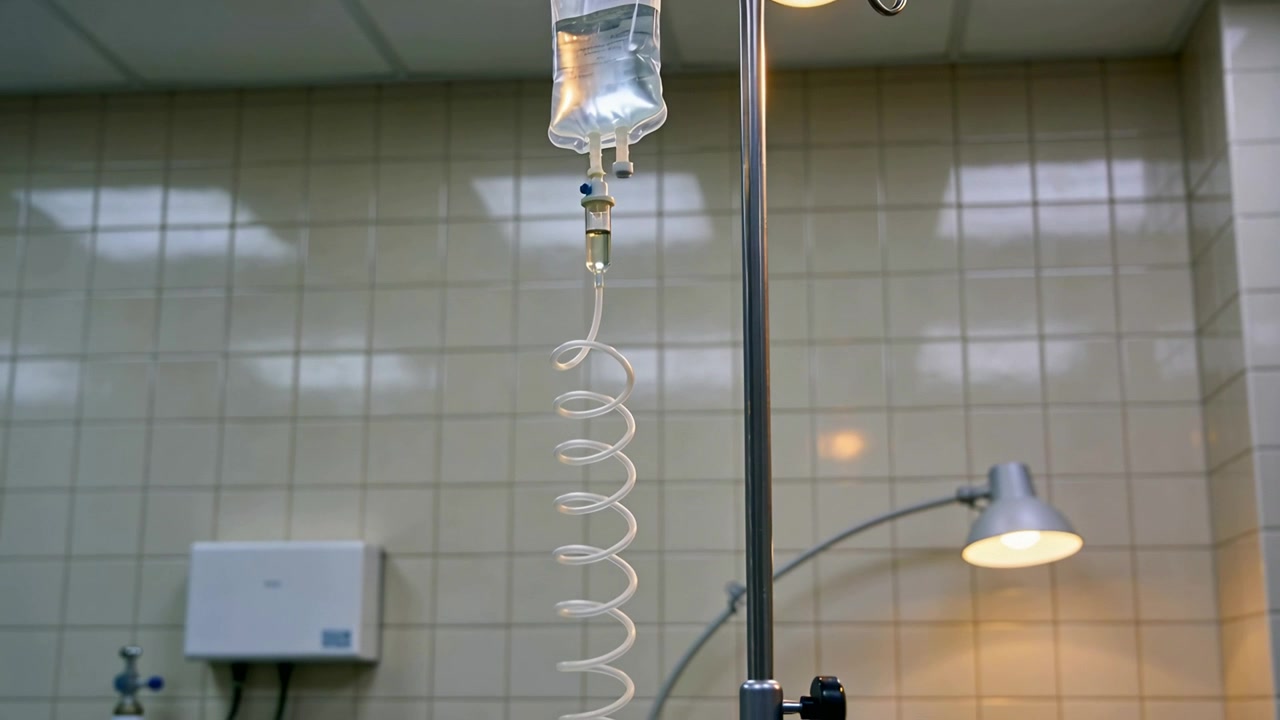 Una telecamera riprende una sacca di soluzione fisiologica trasparente per flebo appesa a un palo cromato in una clinica per il monitoraggio.