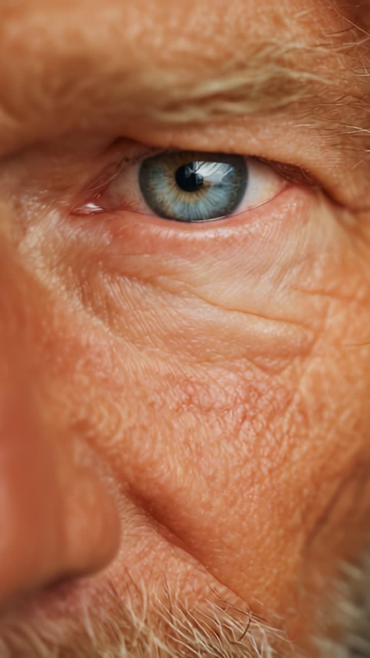 Close-up of a man's eye, revealing intricate details, emotional depth, and texture of skin, illustrating the beauty of age and wisdom in human features