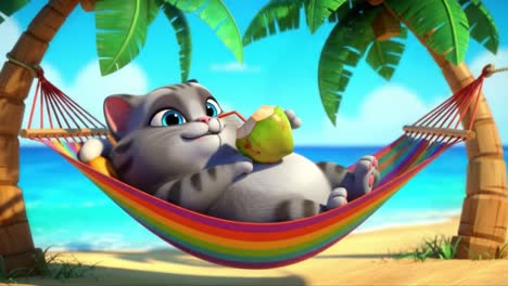 a relaxing cat in a hammock enjoying a tropical drink under palm trees by the beachside, perfectly at ease in a sunny paradise