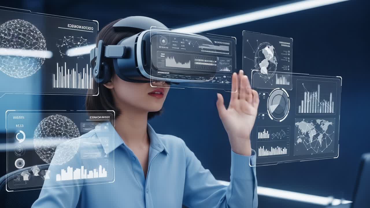 Exploring the Future of Technology: A Woman Engaged in Virtual Reality with Interactive Data Visualizations and Revolutionary Interfaces in a Modern Environment
