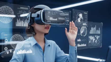 exploring the future of technology: a woman engaged in virtual reality with interactive data visualizations and revolutionary interfaces in a modern environment