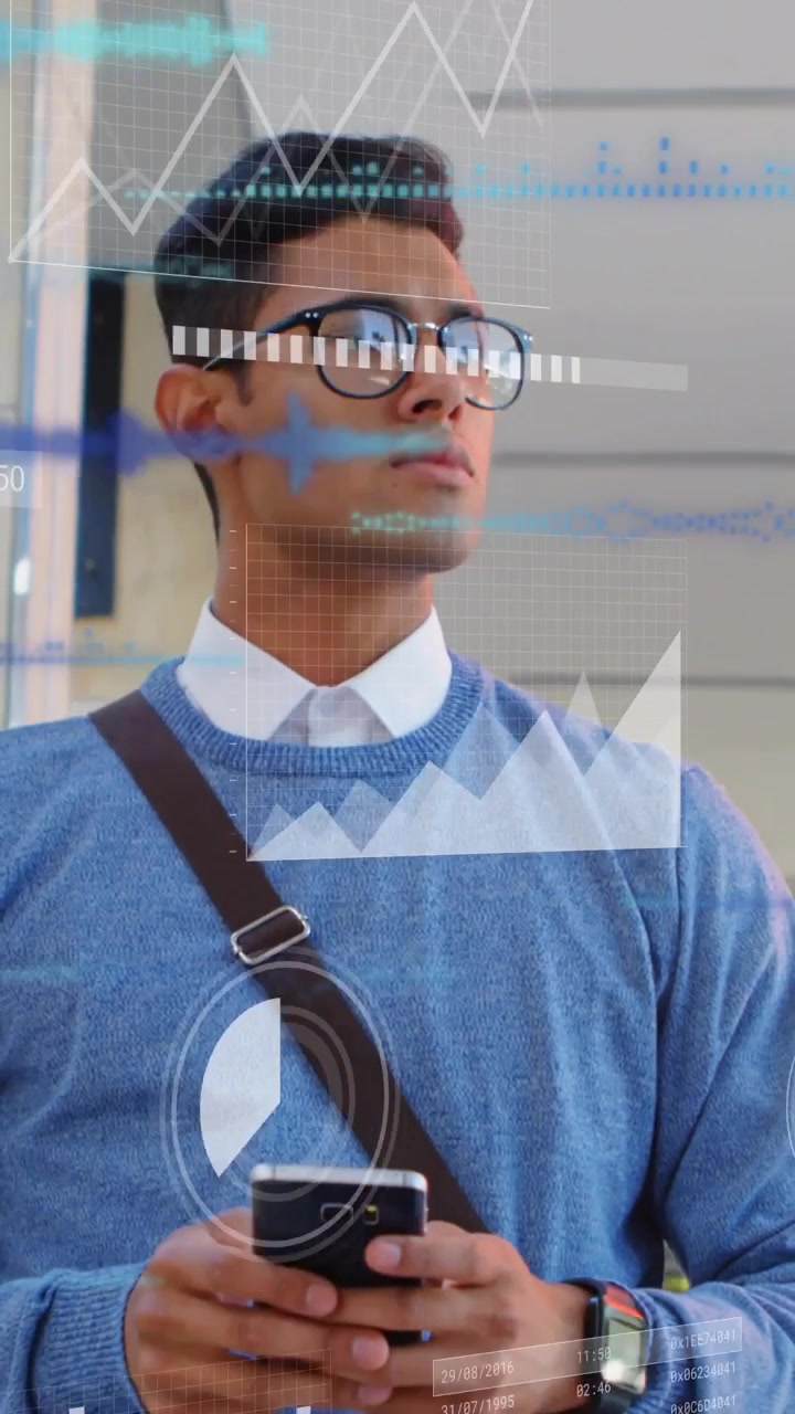 Man checking smartphone and scanning transit hub, causing AR HUD showing charts and route info