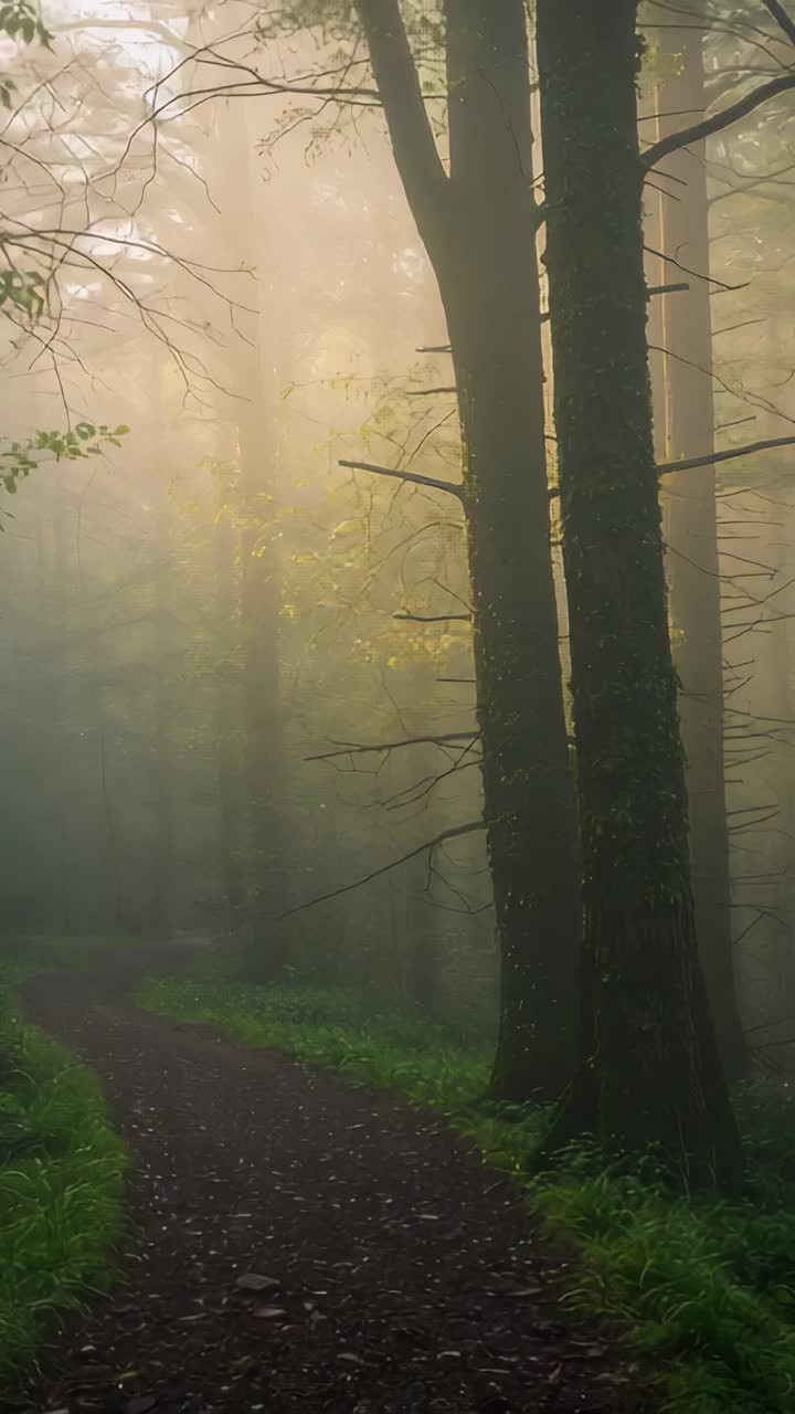 Vertical video: Sunrise light breaking, fog drifting past twin mossy trunks on curving forest trail