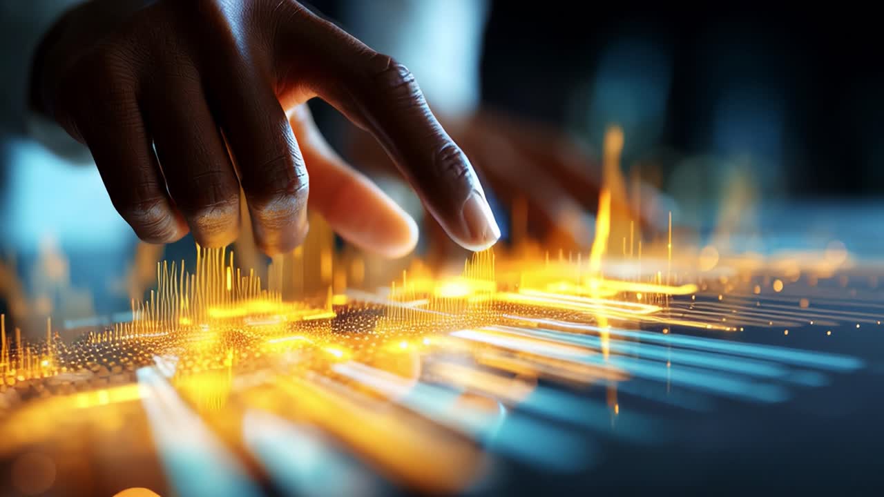 Exploring the Digital Frontier: A Close-Up of a Hand Interacting with an Augmented Interface Visualizing Data Trends Through Dynamic Light Patterns and Graphic Elements
