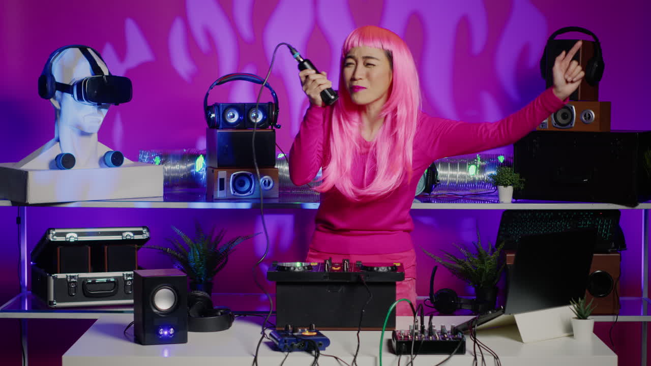 Woman DJ with Pink Hair Mixing Music